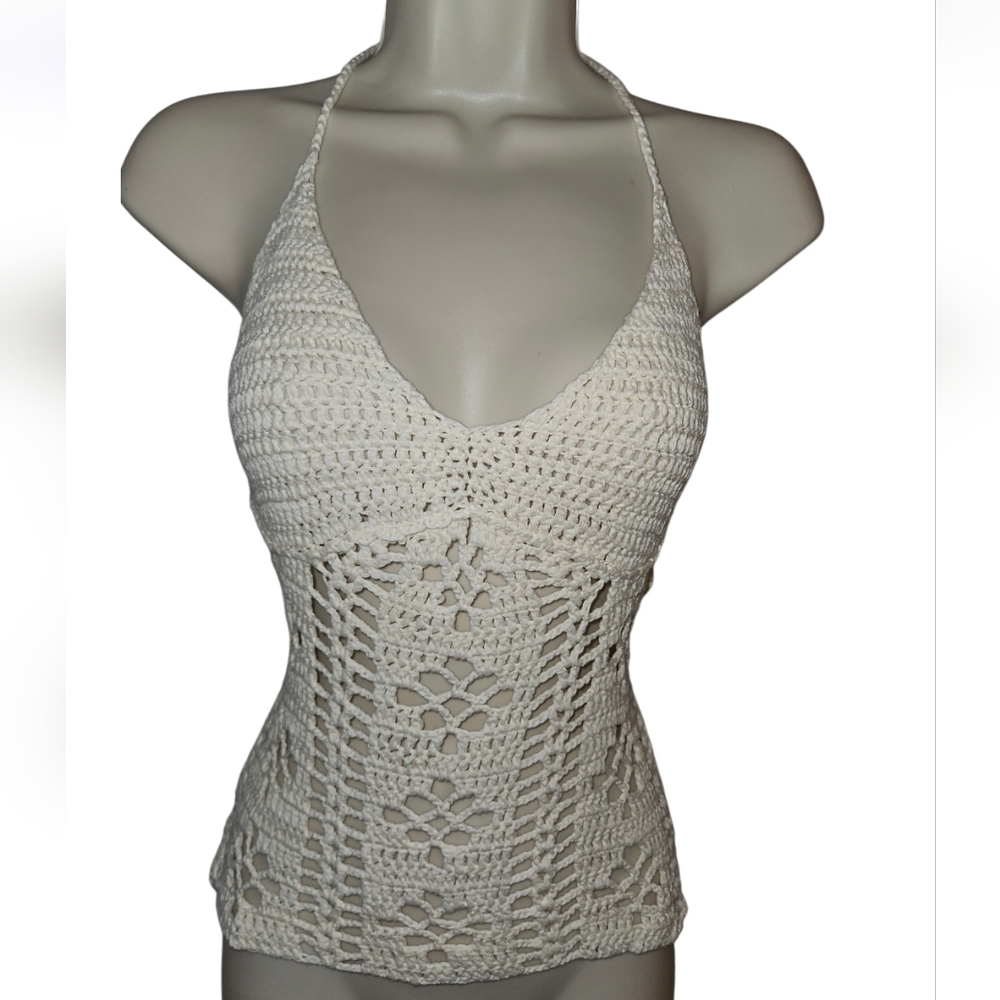 Hand Crafted Crochet Crop-Top Handmade Floral pattern Swim cover-up Cream #752 - Picture 3 of 17